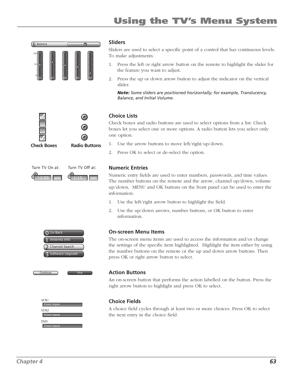 Using the tv’s menu system, Chapter 4 63, Sliders | Choice lists, Numeric entries, On-screen menu items, Action buttons, Choice fields | RCA HD56W41 User Manual | Page 65 / 96