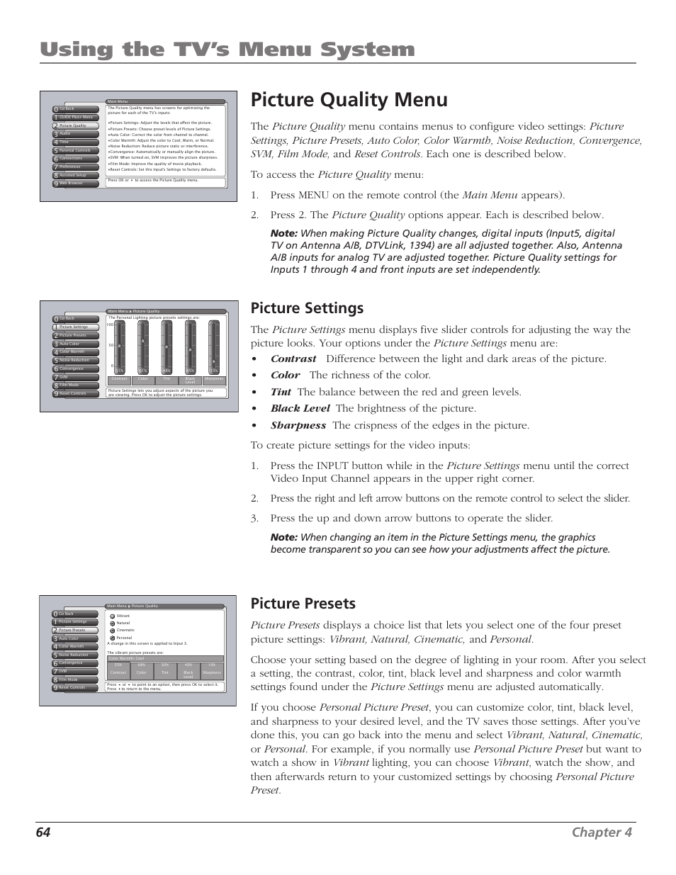 Using the tv’s menu system picture quality menu, Picture settings, Picture presets | 64 chapter 4 | RCA HD56W41 User Manual | Page 66 / 96