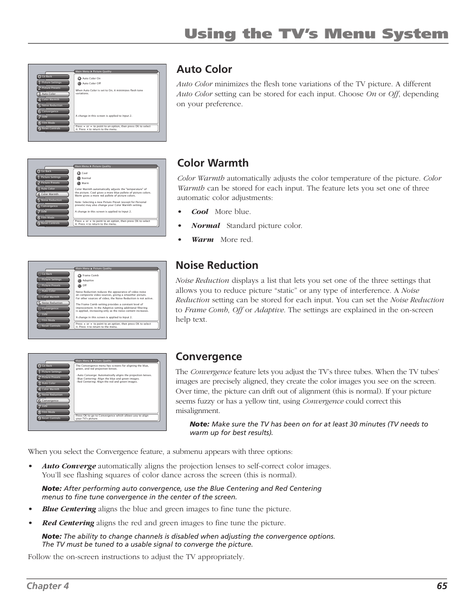 Using the tv’s menu system, Auto color, Color warmth | Noise reduction, Convergence, Chapter 4 65 | RCA HD56W41 User Manual | Page 67 / 96