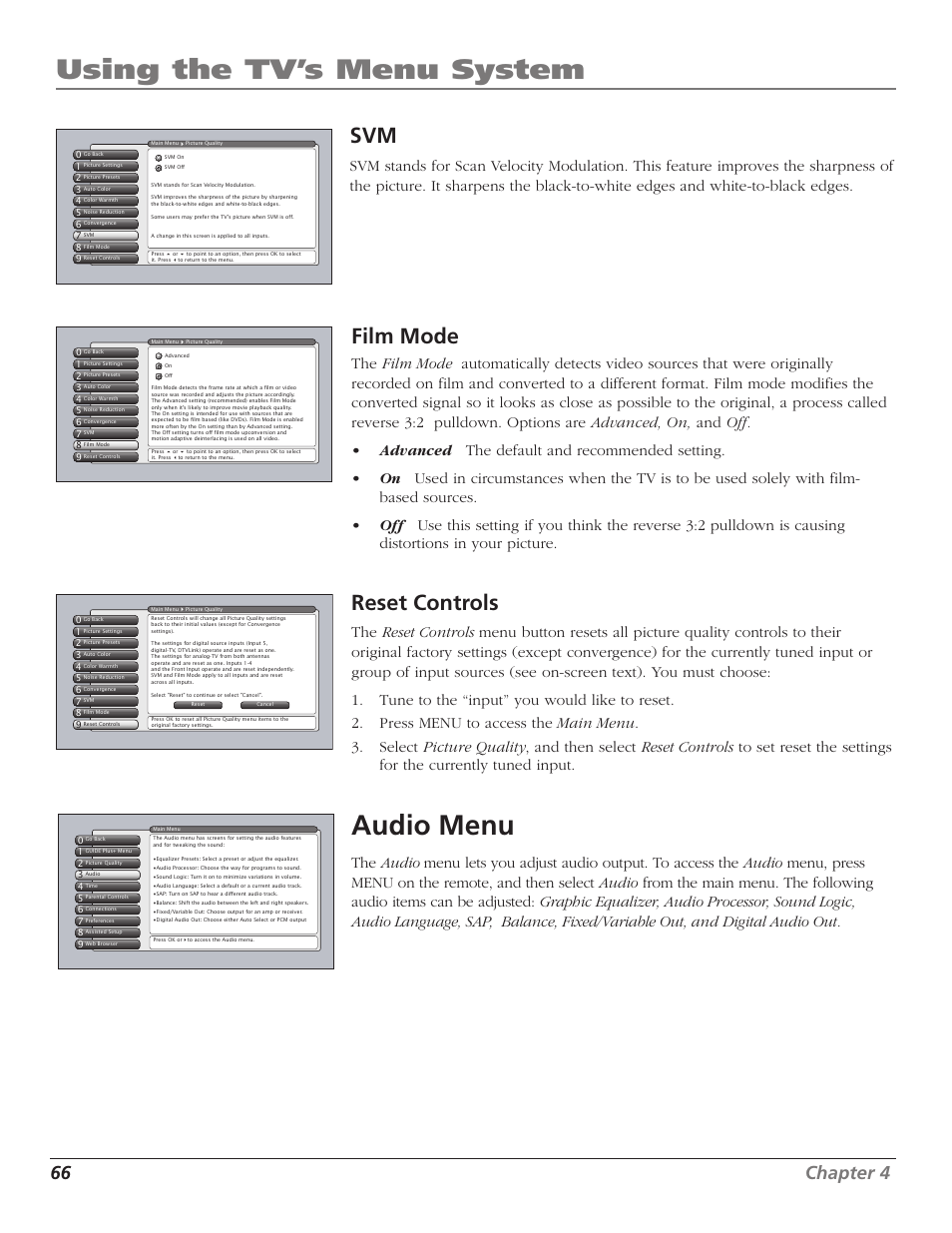 Using the tv’s menu system, Audio menu, Film mode | Reset controls, 66 chapter 4 | RCA HD56W41 User Manual | Page 68 / 96