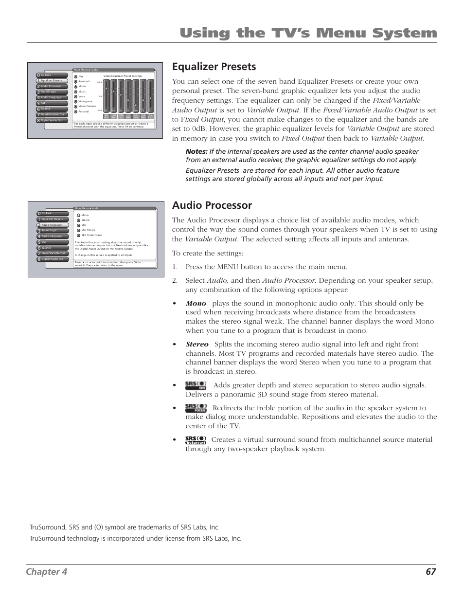 Using the tv’s menu system, Equalizer presets, Audio processor | Chapter 4 67 | RCA HD56W41 User Manual | Page 69 / 96