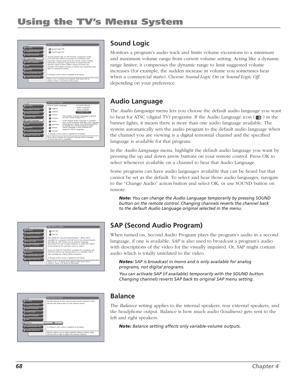 Using the tv’s menu system, Sound logic, Audio language | Sap (second audio program), Balance, 68 chapter 4 | RCA HD56W41 User Manual | Page 70 / 96