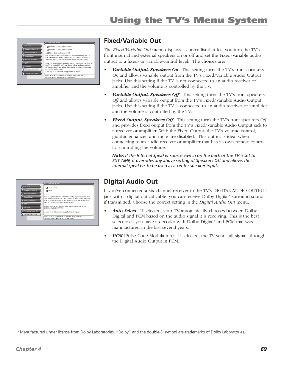 Using the tv’s menu system, Fixed/variable out, Digital audio out | Chapter 4 69 | RCA HD56W41 User Manual | Page 71 / 96