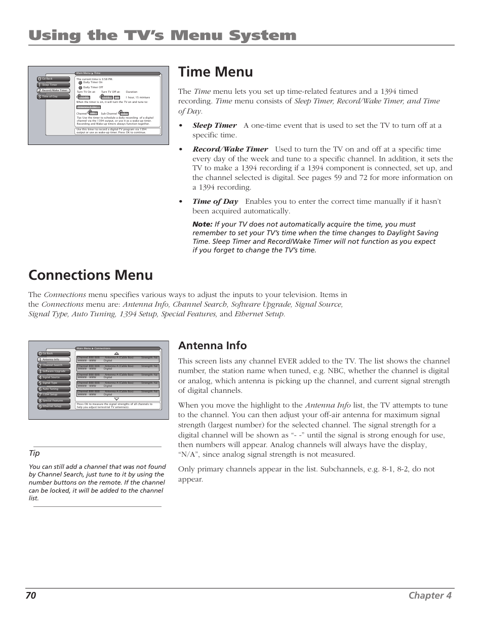 Using the tv’s menu system time menu, Connections menu, Antenna info | 70 chapter 4 | RCA HD56W41 User Manual | Page 72 / 96