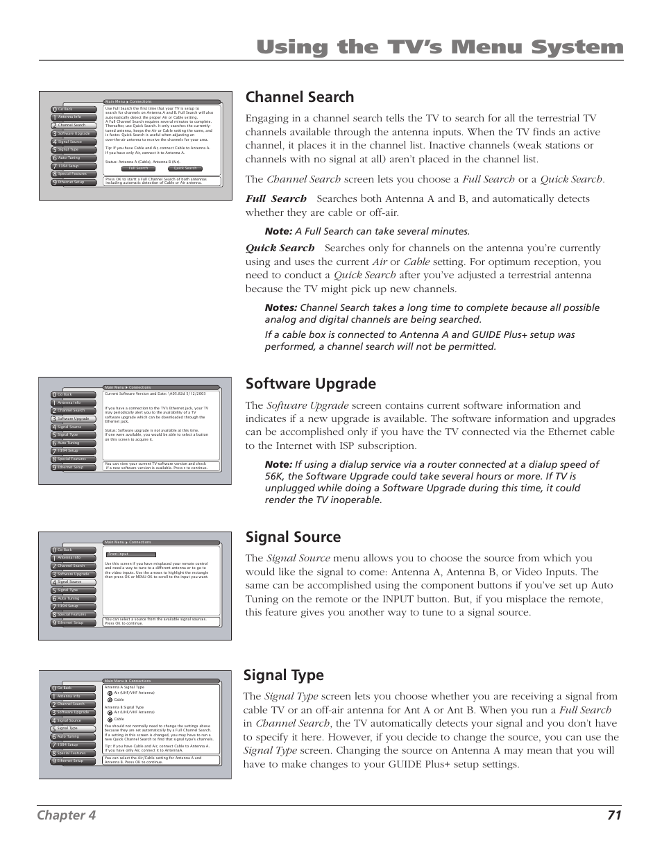 Using the tv’s menu system, Channel search, Software upgrade | Signal source, Signal type, Chapter 4 71 | RCA HD56W41 User Manual | Page 73 / 96