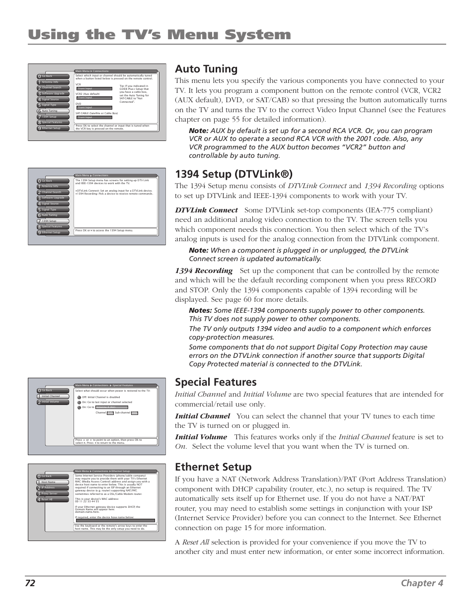 Using the tv’s menu system, Auto tuning, 1394 setup (dtvlink®) | Special features, Ethernet setup, 72 chapter 4 | RCA HD56W41 User Manual | Page 74 / 96