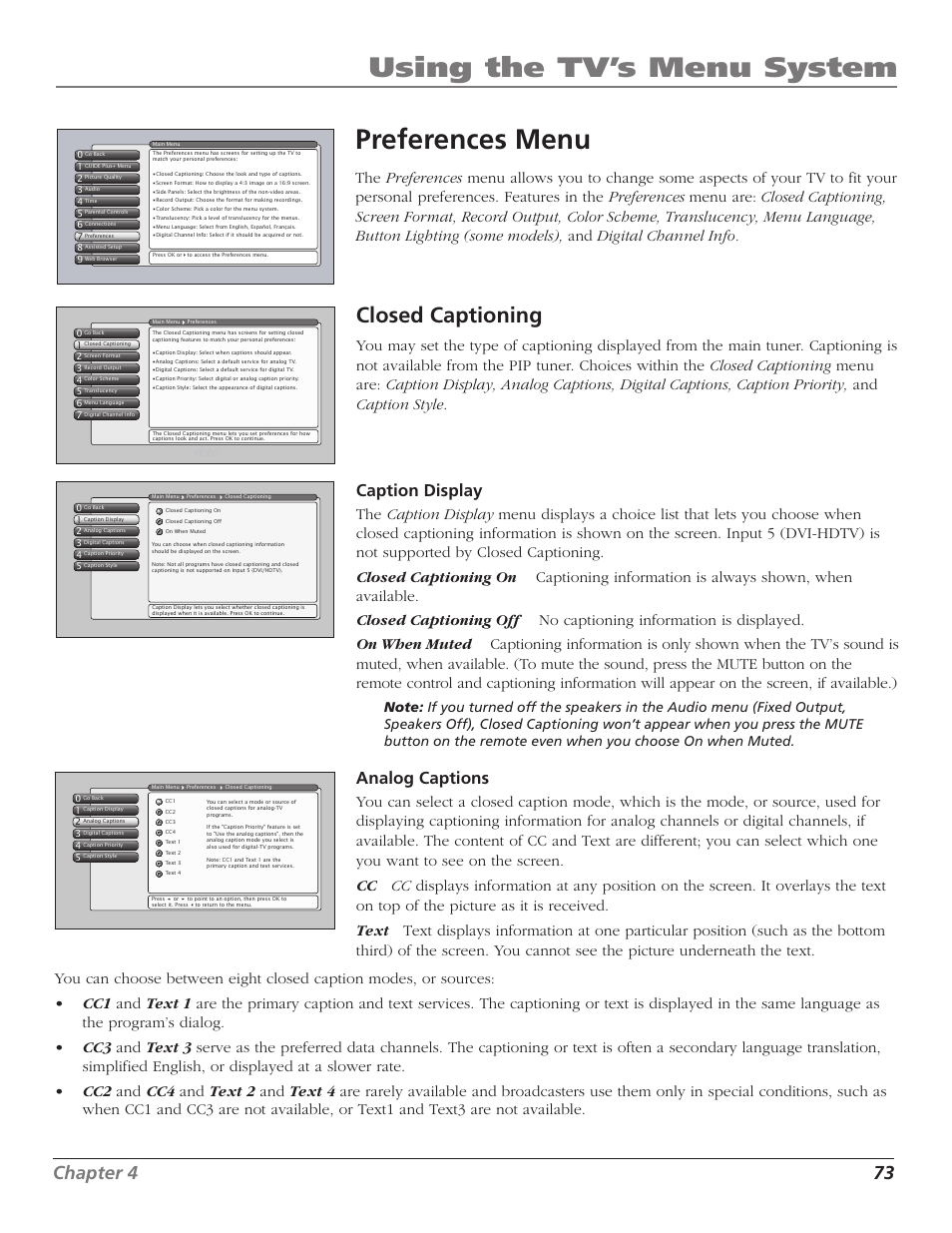 Using the tv’s menu system, Preferences menu, Closed captioning | Chapter 4 73, Caption display, Analog captions | RCA HD56W41 User Manual | Page 75 / 96