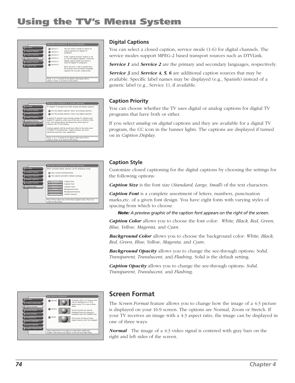 Using the tv’s menu system, Screen format, 74 chapter 4 | Digital captions, Caption priority, Caption style | RCA HD56W41 User Manual | Page 76 / 96