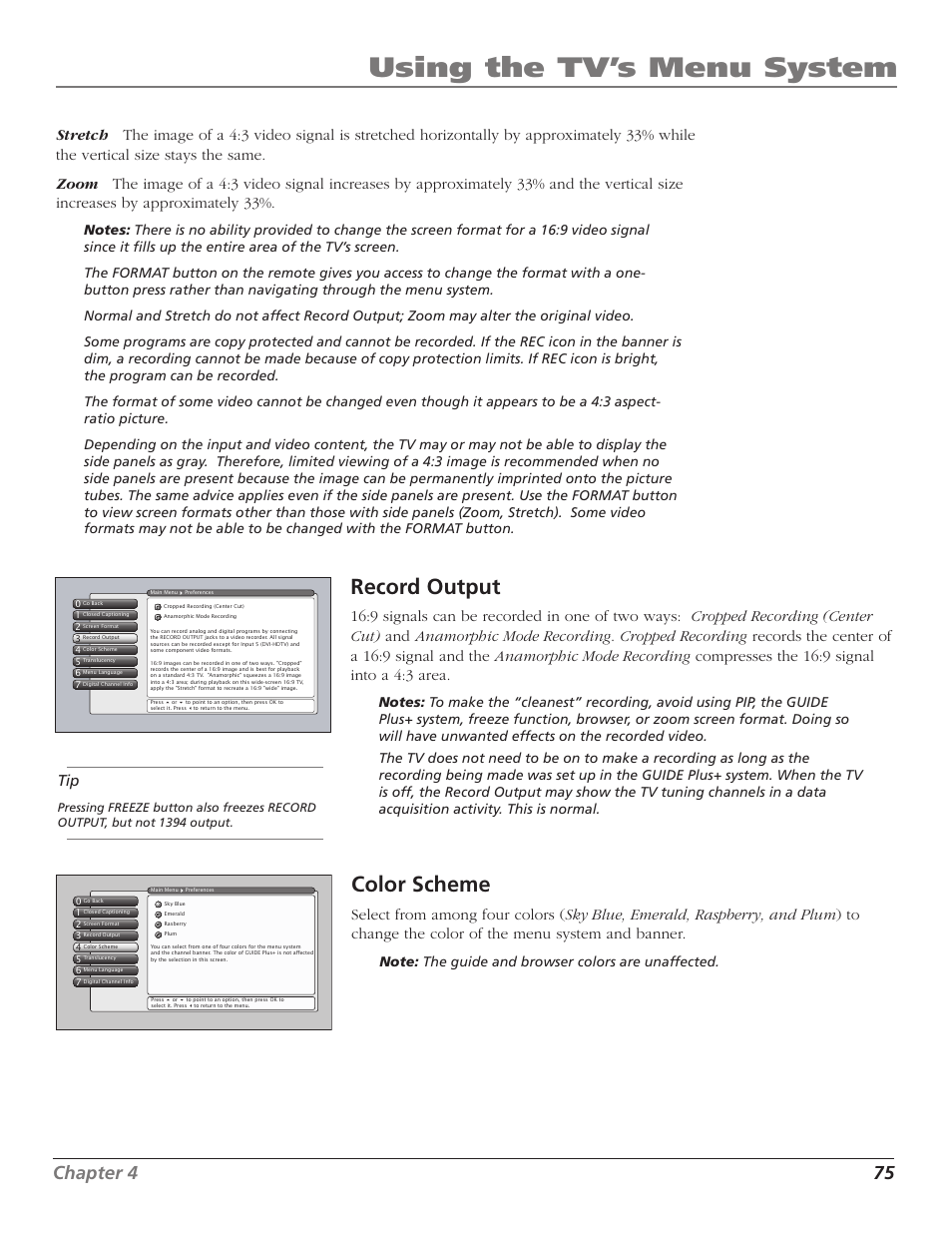 Using the tv’s menu system, Record output, Color scheme | Chapter 4 75 | RCA HD56W41 User Manual | Page 77 / 96