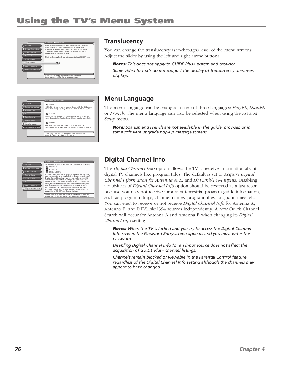 Using the tv’s menu system, Translucency, Menu language | Digital channel info, 76 chapter 4 | RCA HD56W41 User Manual | Page 78 / 96