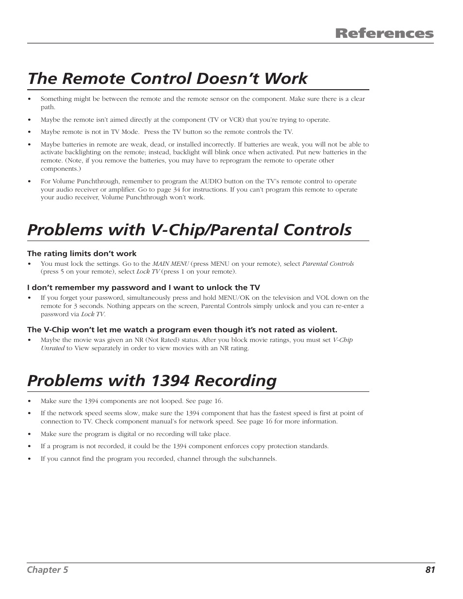 The remote control doesn’t work, Problems with v-chip/parental controls, Problems with 1394 recording | References | RCA HD56W41 User Manual | Page 83 / 96