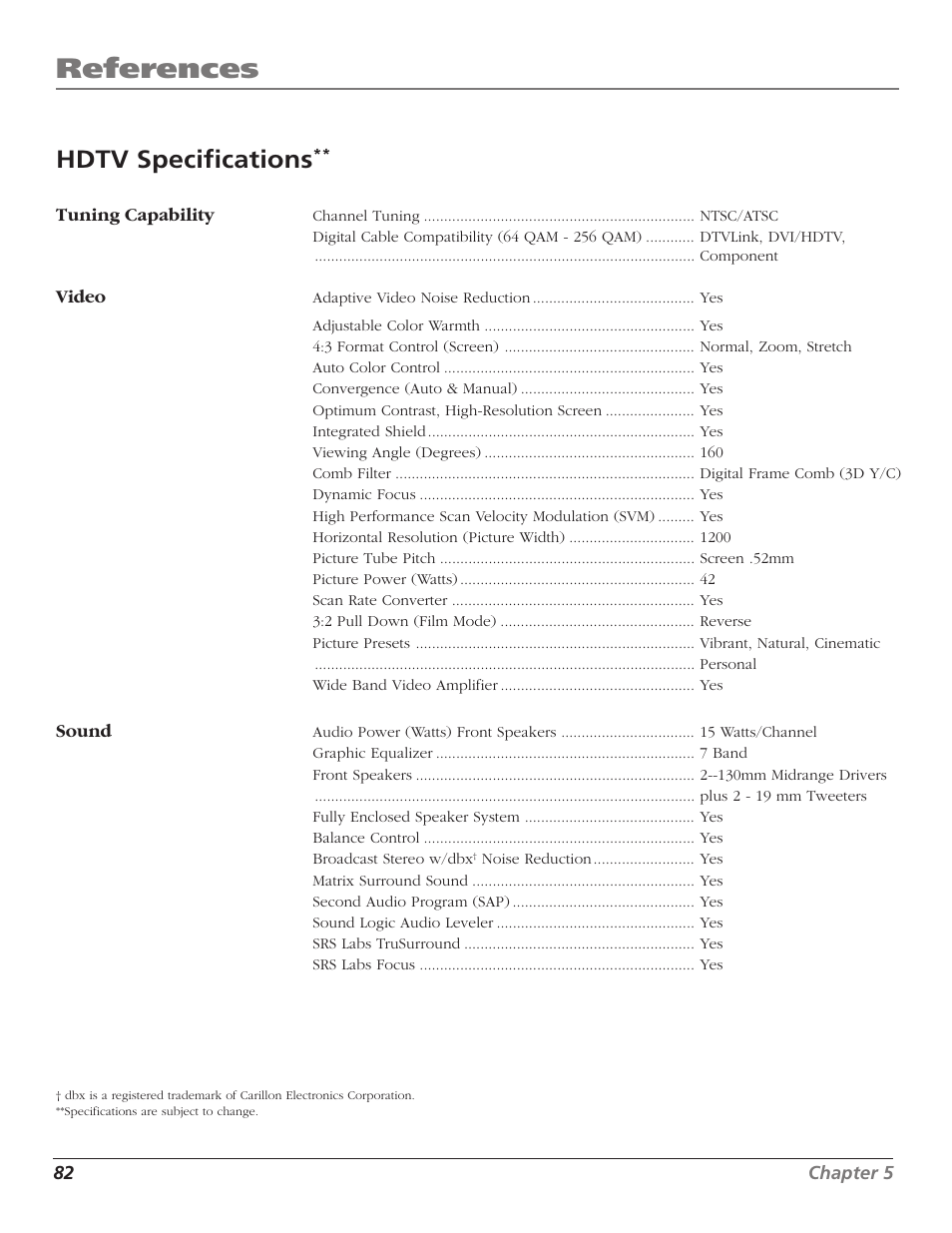 References, Hdtv specifications | RCA HD56W41 User Manual | Page 84 / 96