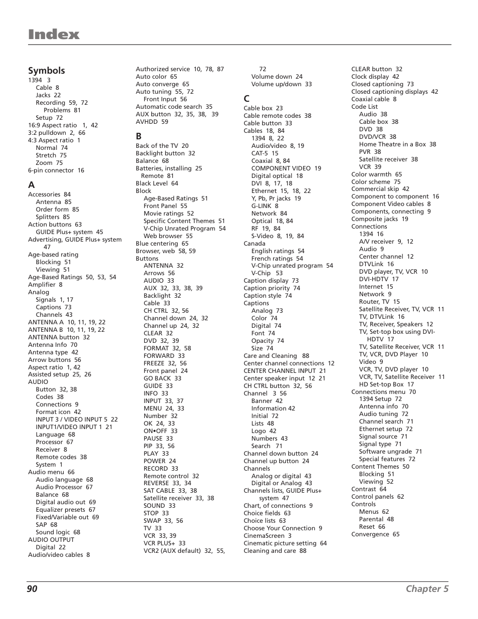 Index, 90 chapter 5 symbols | RCA HD56W41 User Manual | Page 92 / 96