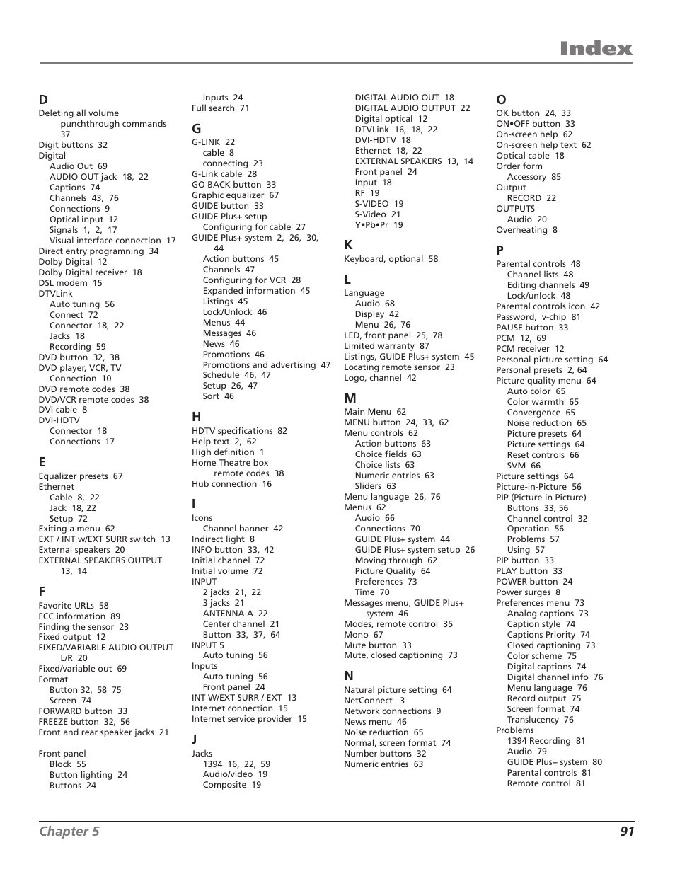 Index, Chapter 5 91 d | RCA HD56W41 User Manual | Page 93 / 96