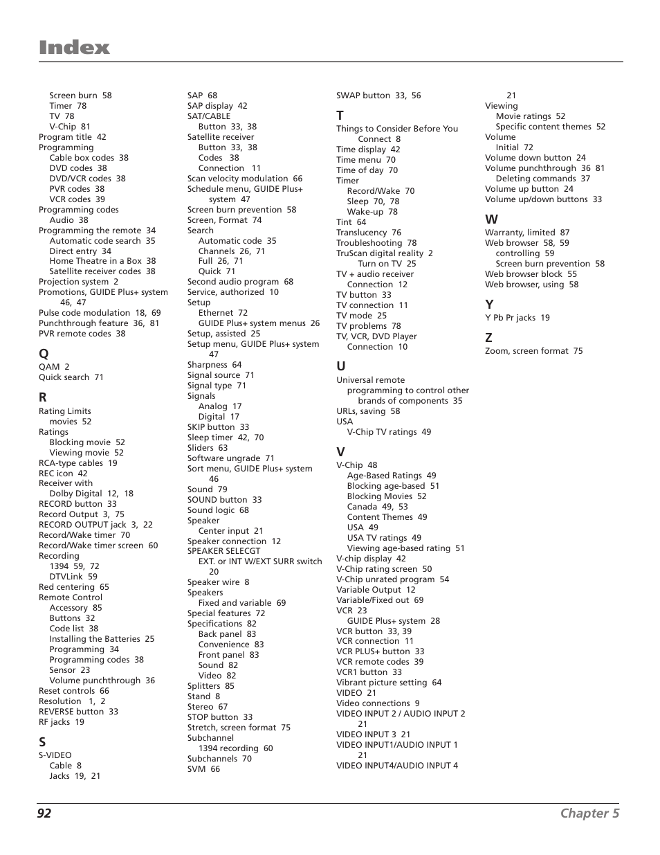 Index, 92 chapter 5 | RCA HD56W41 User Manual | Page 94 / 96