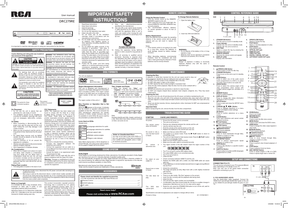 RCA DRC279RE User Manual | 2 pages