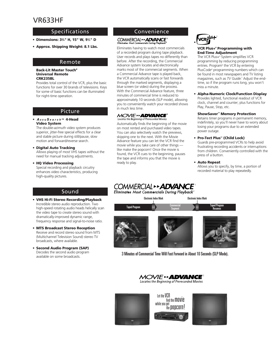 Vr633hf, Popcorn, Movie | Specifications, Remote, Picture, Sound, Convenience, Let the, While you get the | RCA VR633HF User Manual | Page 2 / 4