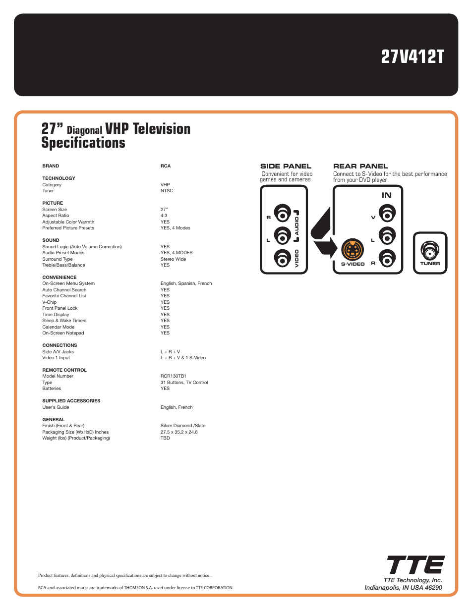 Vhp television specifications, Diagonal | RCA 27V412T User Manual | Page 2 / 2
