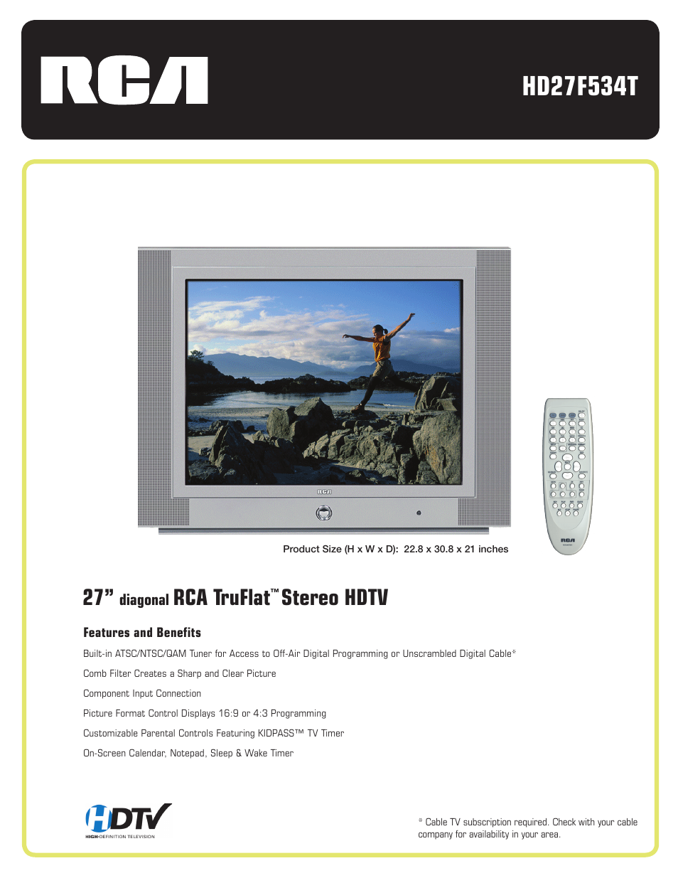 RCA TruFlat HD30W854T User Manual | 2 pages