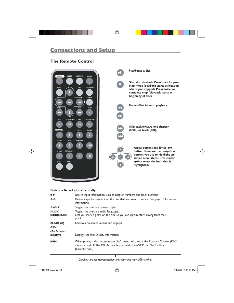 Connections and setup, The remote control, Buttons listed alphabetically | RCA DRC620N User Manual | Page 10 / 36