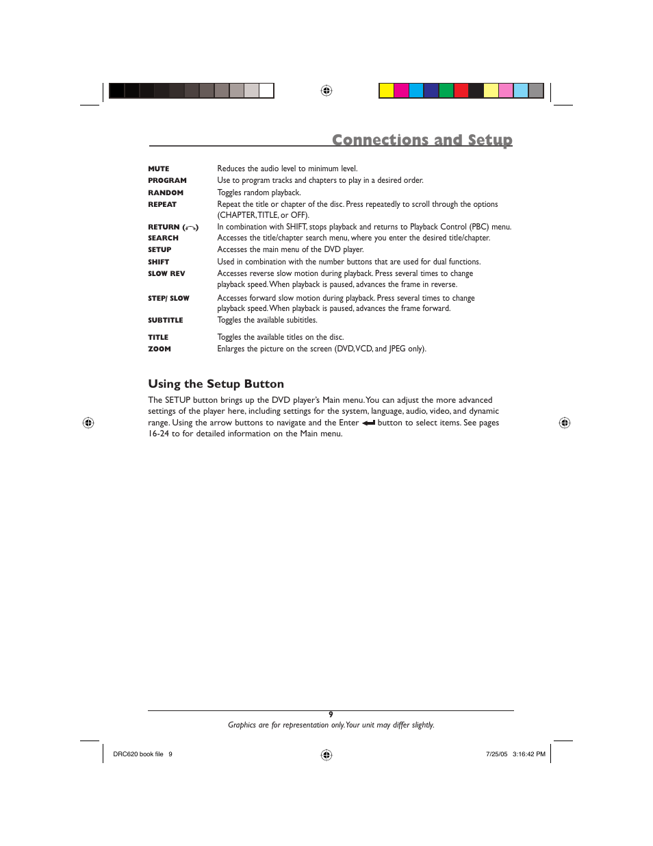 Connections and setup, Using the setup button | RCA DRC620N User Manual | Page 11 / 36