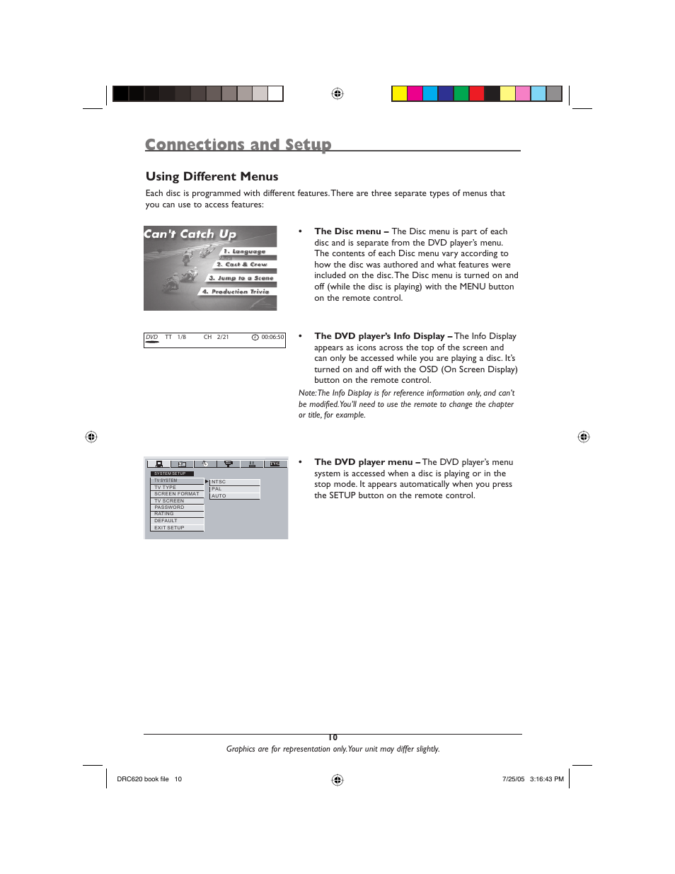 Connections and setup, Using different menus | RCA DRC620N User Manual | Page 12 / 36