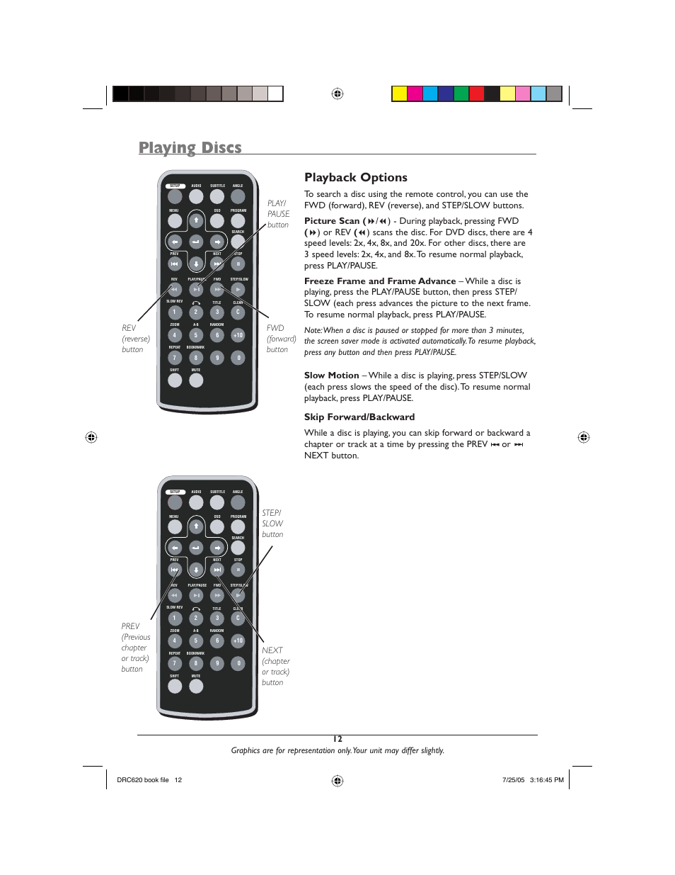 Playing discs, Playback options, Skip forward/backward | Fwd (forward) button | RCA DRC620N User Manual | Page 14 / 36