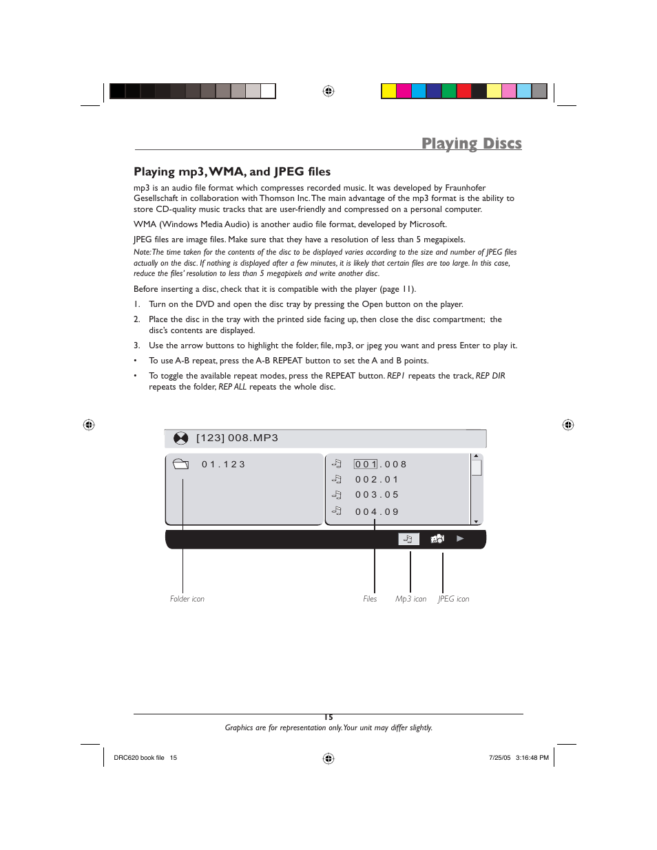 Playing discs, Playing mp3, wma, and jpeg files | RCA DRC620N User Manual | Page 17 / 36