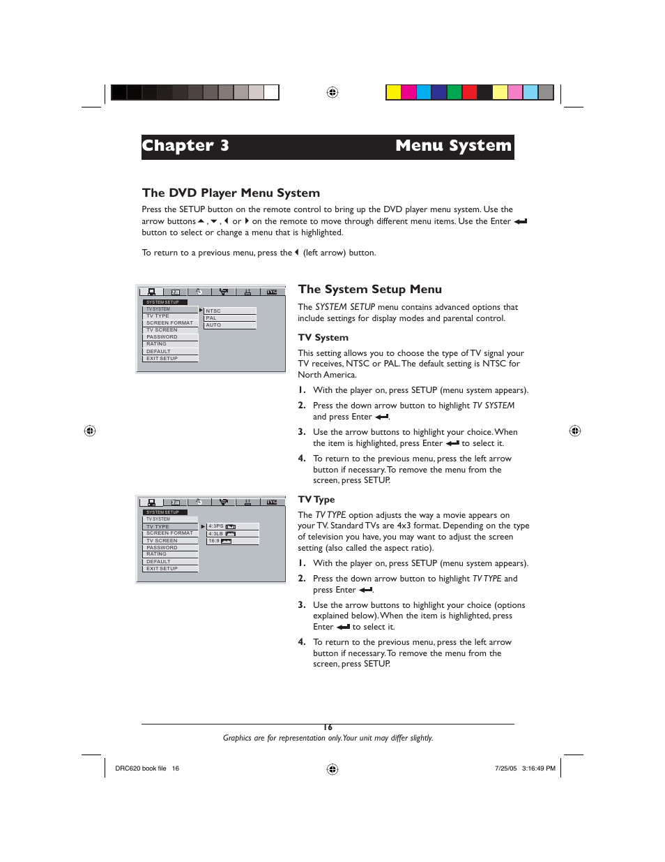 Chapter 3 menu system, The system setup menu, The dvd player menu system | RCA DRC620N User Manual | Page 18 / 36