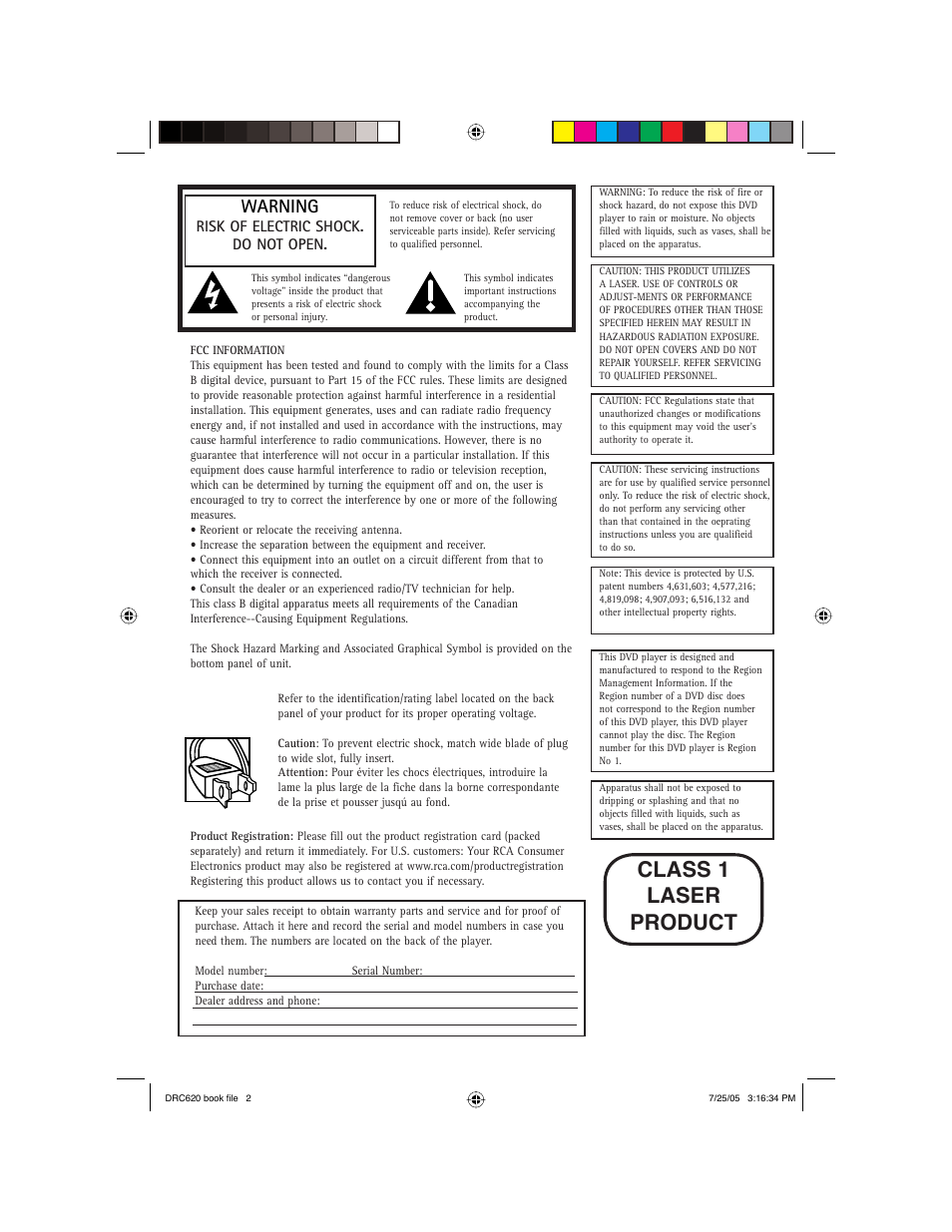Class 1 laser product, Warning | RCA DRC620N User Manual | Page 2 / 36