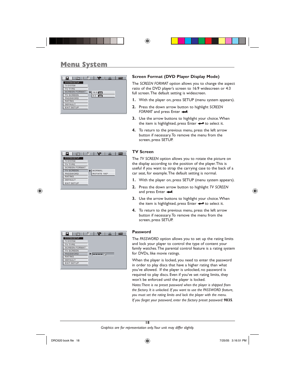 Menu system, Screen format (dvd player display mode), Tv screen | Password | RCA DRC620N User Manual | Page 20 / 36