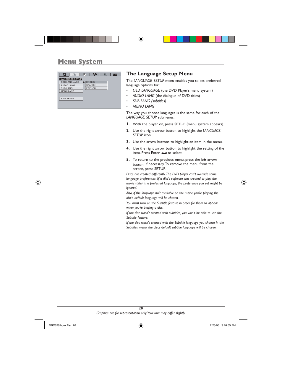 Menu system, The language setup menu | RCA DRC620N User Manual | Page 22 / 36