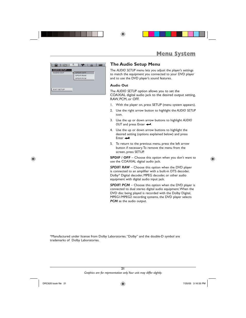 Menu system, The audio setup menu | RCA DRC620N User Manual | Page 23 / 36