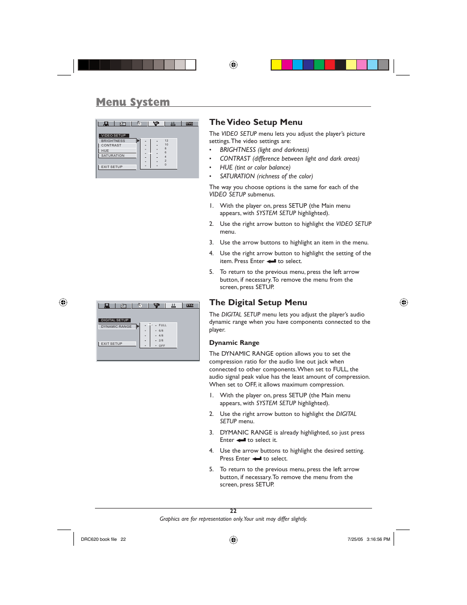 Menu system, The video setup menu, The digital setup menu | Brightness (light and darkness), Contrast (difference between light and dark areas), Hue (tint or color balance), Saturation (richness of the color), Video s, Dynamic range | RCA DRC620N User Manual | Page 24 / 36