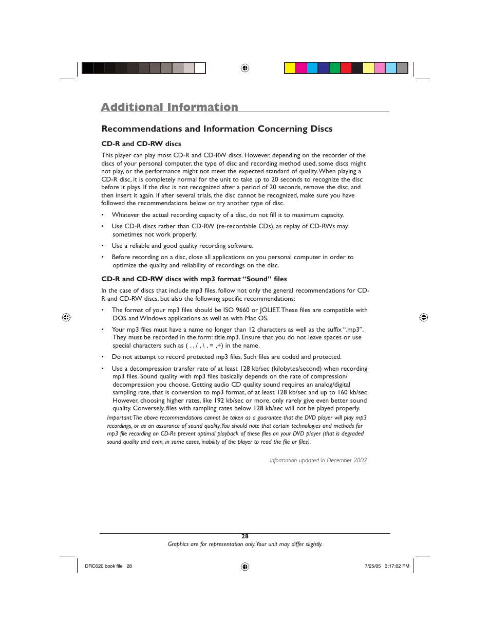 Additional information, Recommendations and information concerning discs | RCA DRC620N User Manual | Page 30 / 36