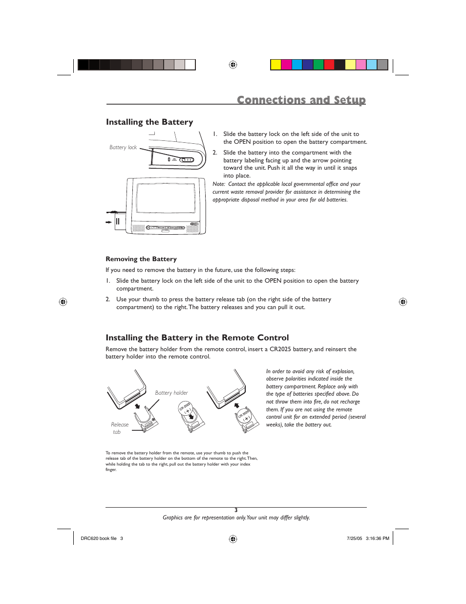 Connections and setup, Installing the battery, Installing the battery in the remote control | RCA DRC620N User Manual | Page 5 / 36