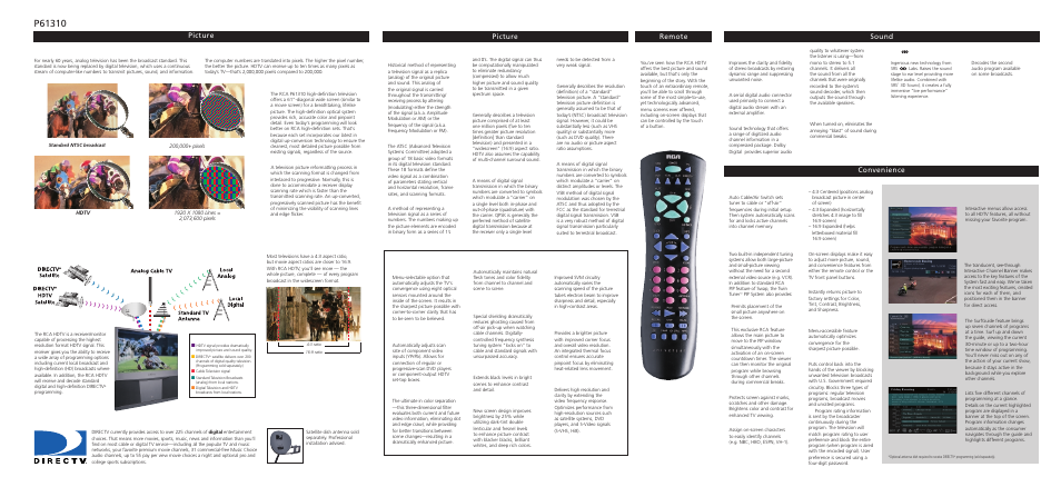 Picture remote picture sound convenience, The rca advantage, Movies will look like movies | What is hdtv, Enjoy directv, High-definition programming | RCA P61310 User Manual | Page 2 / 6