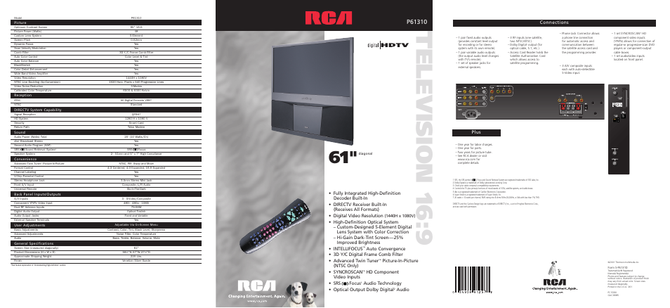 Te levi s io n 16:9, Plus connections, Picture-in-picture (ntsc only) • syncroscan | Hd component video inputs • srs focus, Audio technology • optical output dolby digital, Audio | RCA P61310 User Manual | Page 5 / 6