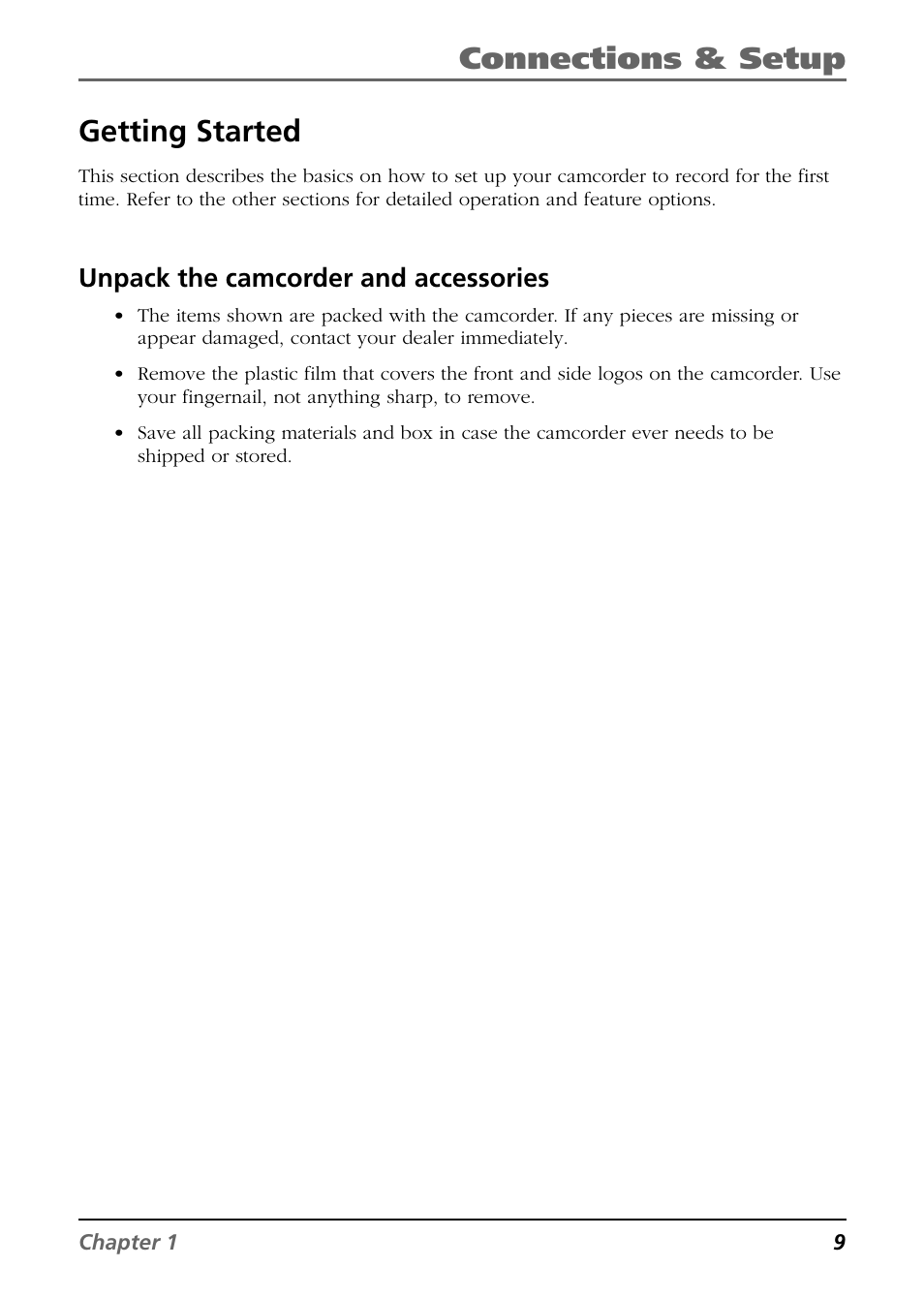 Getting started, Unpack the camcorder and accessories, Connections & setup | RCA CC6384/CC6394 User Manual | Page 11 / 128