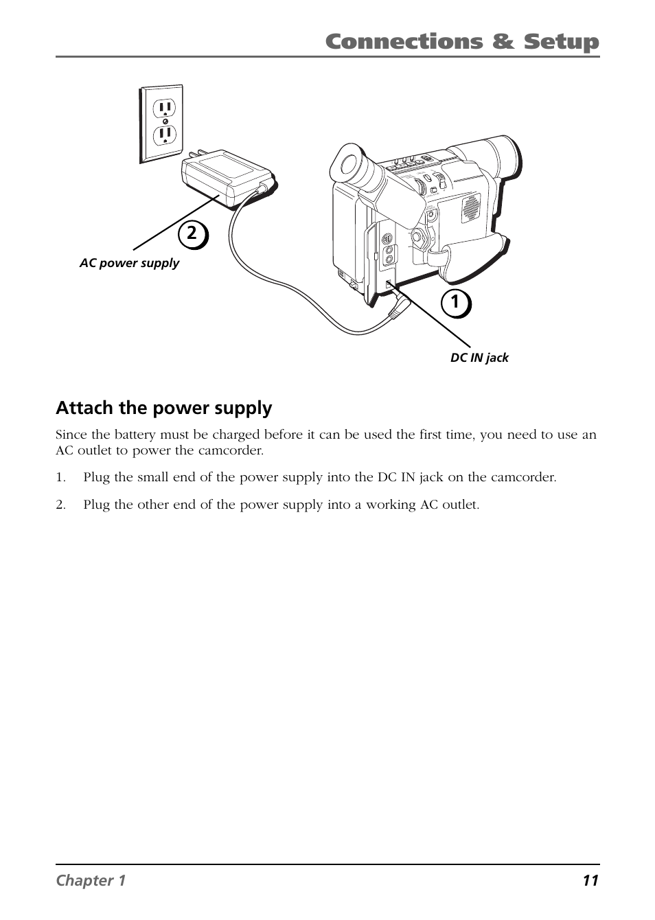 Attach the power supply, Connections & setup, Chapter 1 11 | Dc in jack ac power supply | RCA CC6384/CC6394 User Manual | Page 13 / 128