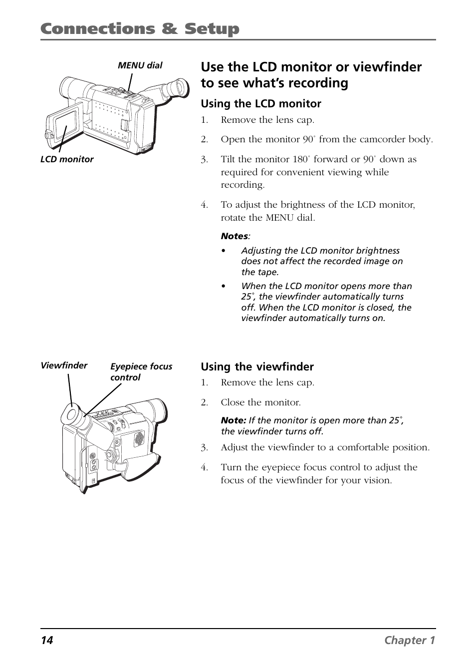 Connections & setup, 14 chapter 1, Using the lcd monitor | Using the viewfinder, Remove the lens cap. 2. close the monitor, Menu dial lcd monitor, Viewfinder, Eyepiece focus control | RCA CC6384/CC6394 User Manual | Page 16 / 128