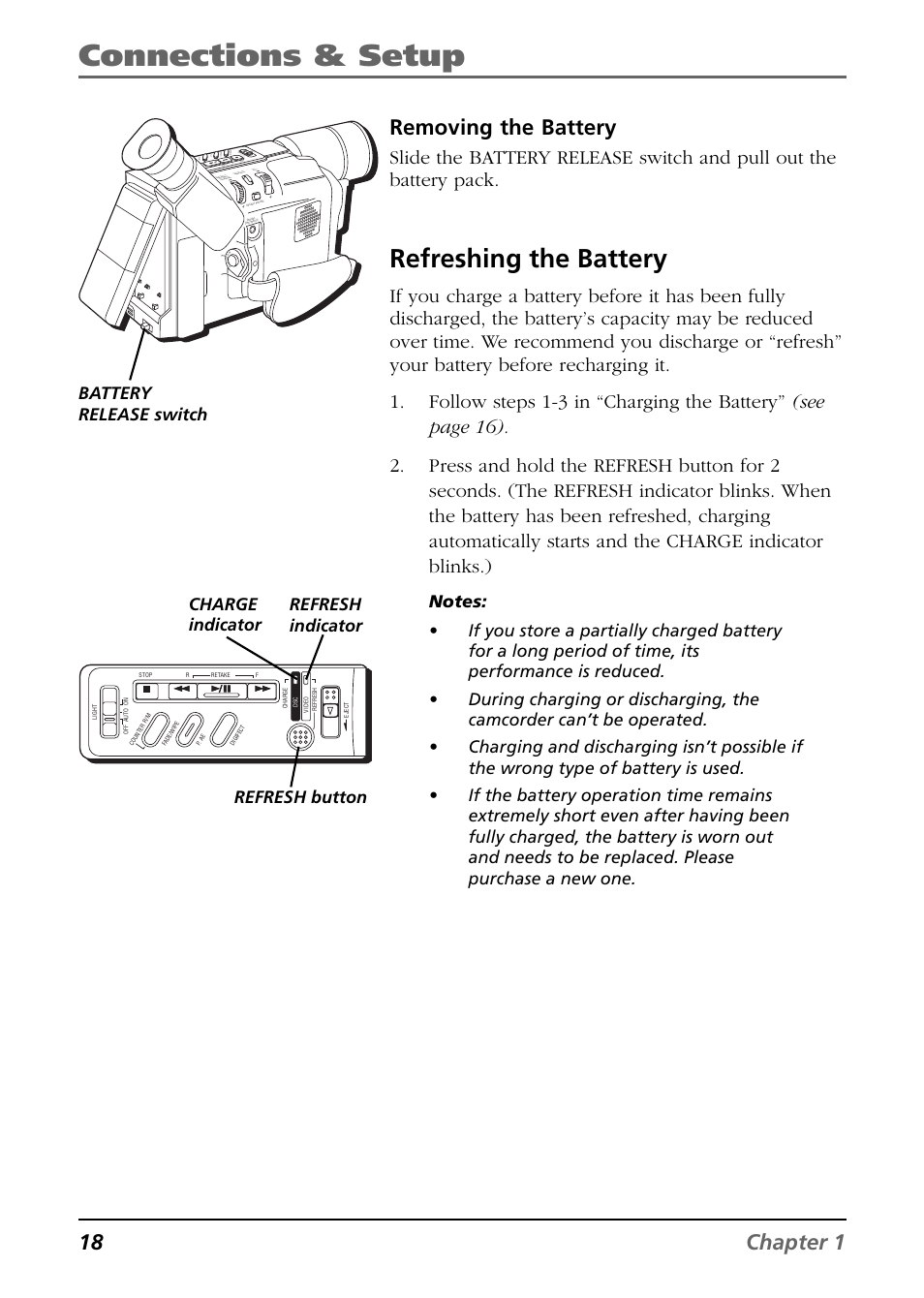 Refreshing the battery, Connections & setup, 18 chapter 1 | Removing the battery, Charge indicator refresh button refresh indicator, Battery release switch, St op r re ta ke, Cou nte r r /m fad e/w ipe p. a e dig ifec t | RCA CC6384/CC6394 User Manual | Page 20 / 128