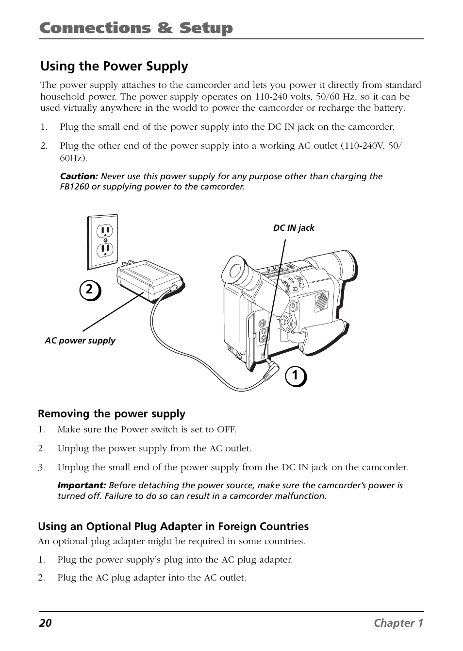 Using the power supply, Connections & setup, 20 chapter 1 | Removing the power supply, Dc in jack ac power supply | RCA CC6384/CC6394 User Manual | Page 22 / 128