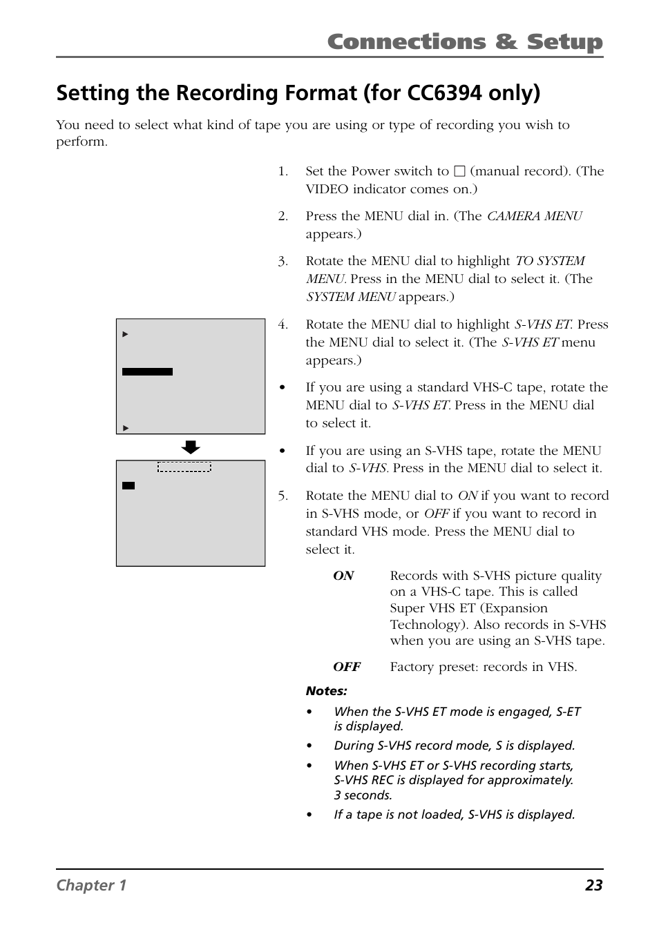 Setting the recording format (for cc6394 only), Connections & setup, Chapter 1 23 | Set the power switch to | RCA CC6384/CC6394 User Manual | Page 25 / 128