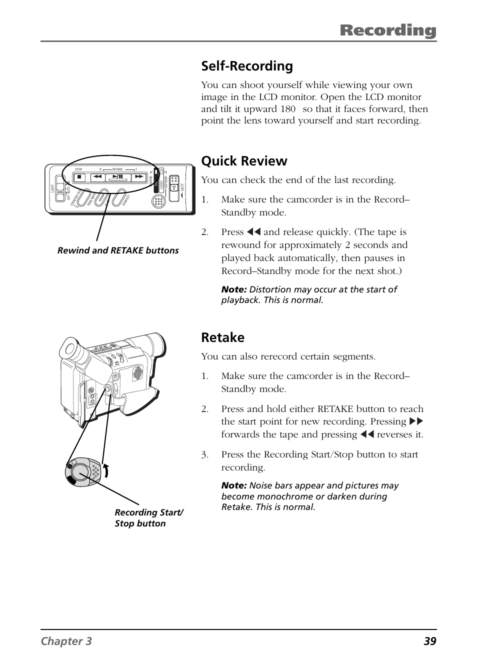 Self-recording, Quick review, Retake | Recording, Chapter 3 39, Rewind and retake buttons, Recording start/ stop button | RCA CC6384/CC6394 User Manual | Page 41 / 128