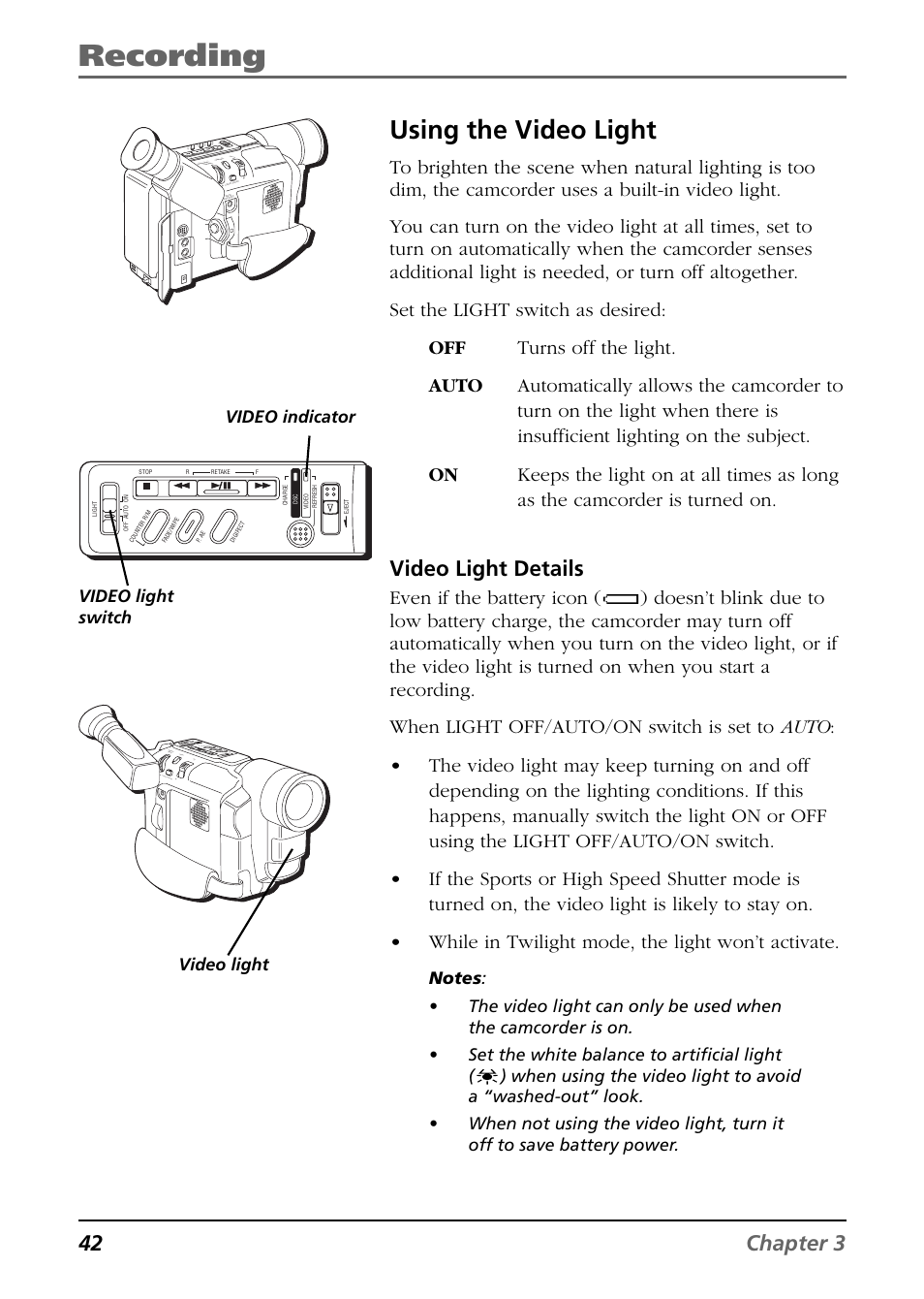 Using the video light, Recording, 42 chapter 3 | Video light details, Video indicator, Video light switch, Video light | RCA CC6384/CC6394 User Manual | Page 44 / 128