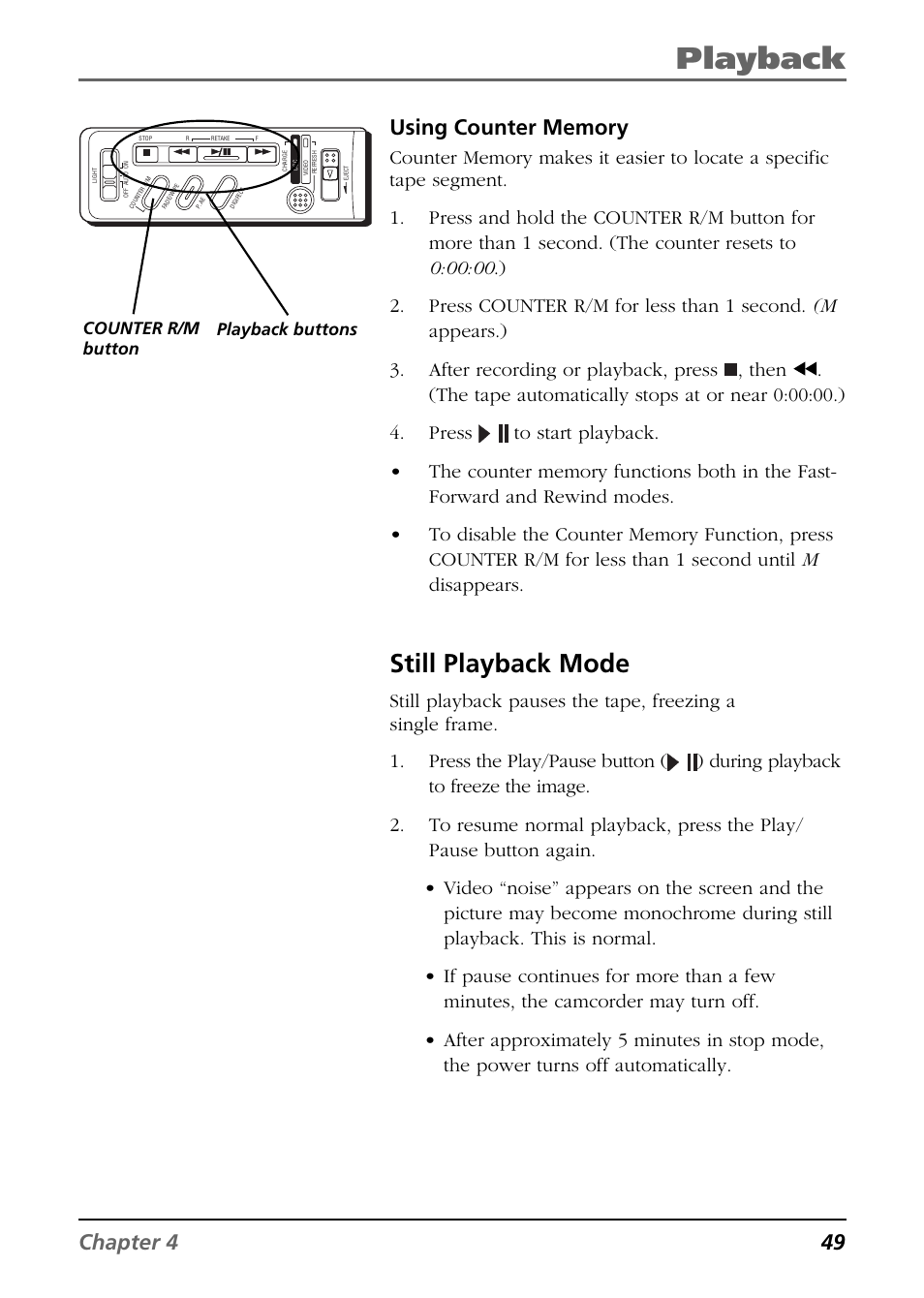 Still playback mode, Playback, Playback buttons counter r/m button | RCA CC6384/CC6394 User Manual | Page 51 / 128