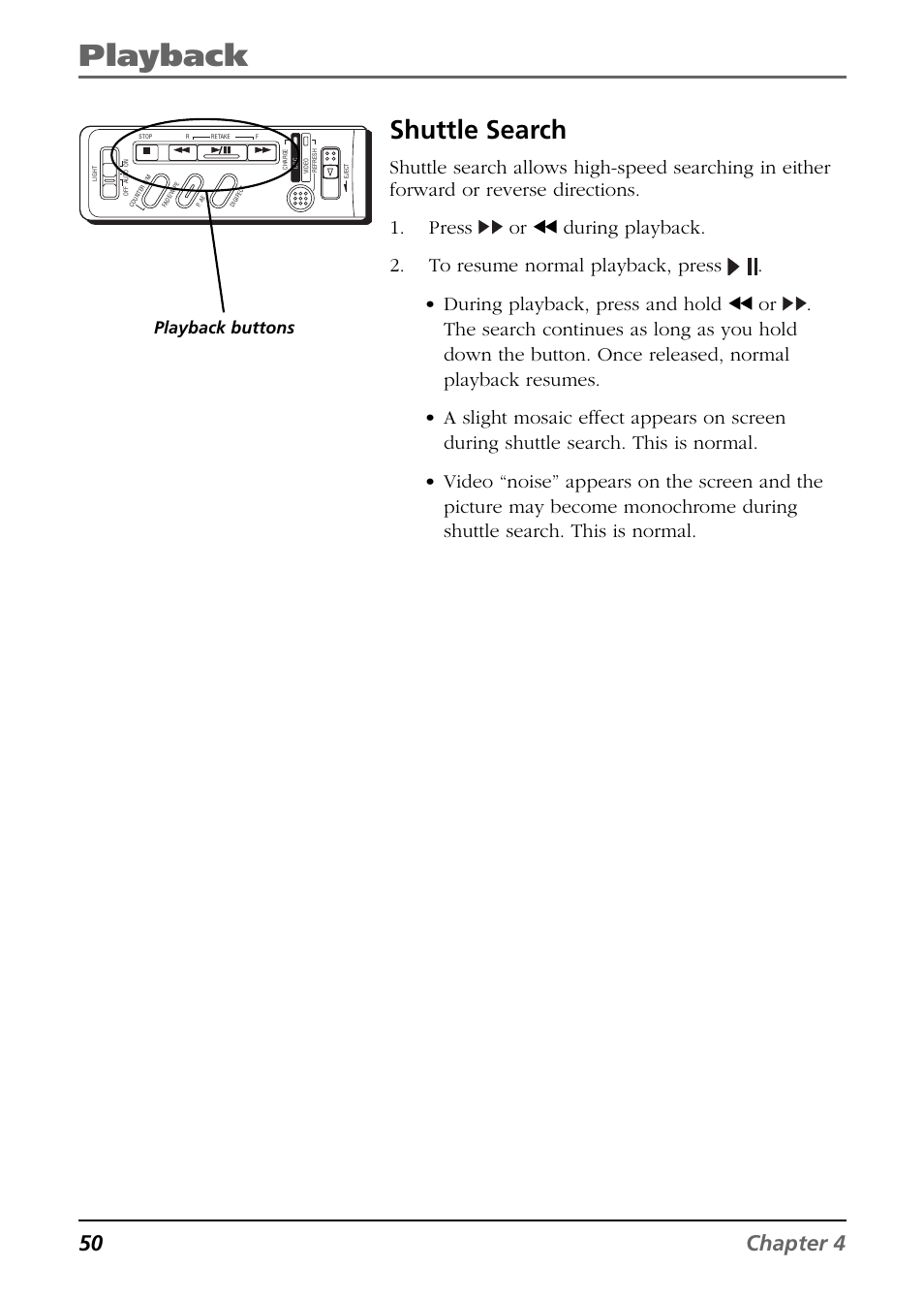 Shuttle search, Playback, 50 chapter 4 | Playback buttons | RCA CC6384/CC6394 User Manual | Page 52 / 128