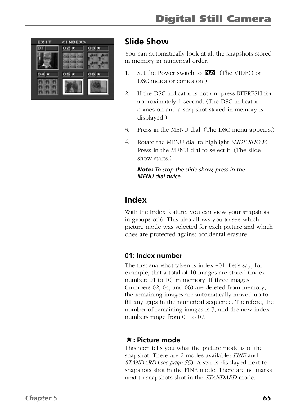 Slide show, Index, Digital still camera | RCA CC6384/CC6394 User Manual | Page 67 / 128
