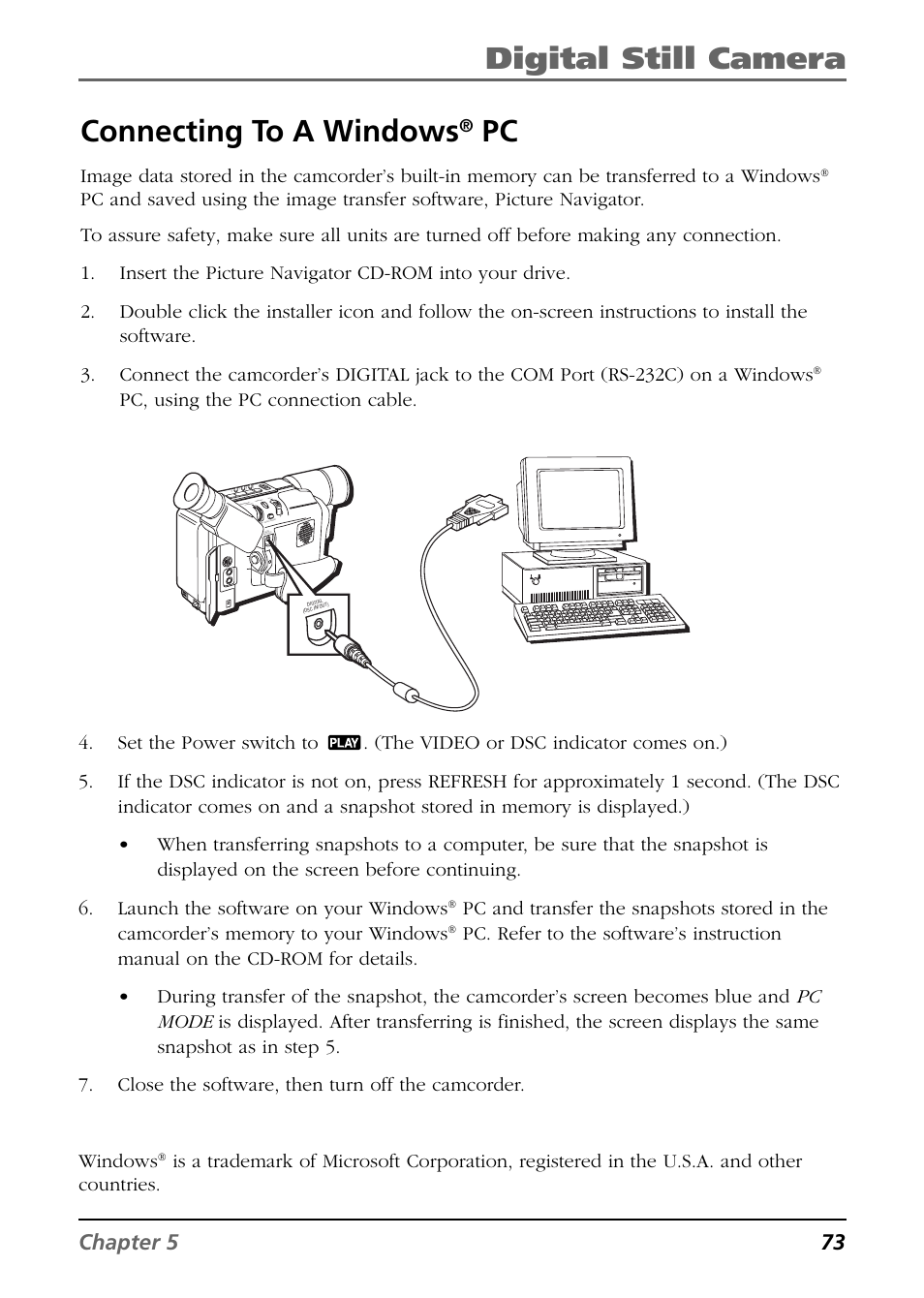 Connecting to a windows® pc, Digital still camera, Connecting to a windows | Chapter 5 73, Pc, using the pc connection cable. windows | RCA CC6384/CC6394 User Manual | Page 75 / 128